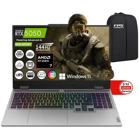 Loq Ryzen 7 250 RTX5050 24GB Ram 512GB SSD 15.6" Fhd IPS 144Hz W11 83JG008VTR Taşınabilir Bilgisayar
