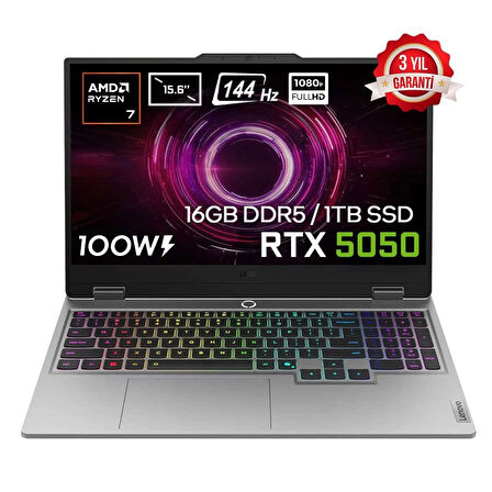 Lenovo LOQ 15AHP10 AMD Ryzen 7-250 16GB DDR5 1TB SSD RTX5050 8GB 100W 15.6 inç Full HD 144Hz IPS FreeDos Gaming Laptop (83JG006ATRv2)