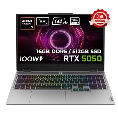 Lenovo LOQ 15AHP10 AMD Ryzen 7-250 16GB DDR5 512GB SSD RTX5050 8GB 100W 15.6 inç Full HD 144Hz IPS FreeDos Gaming Laptop (83JG006CTRv1)