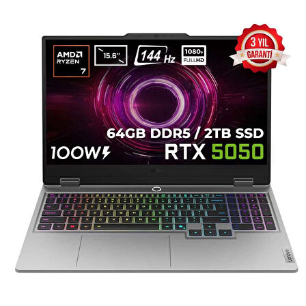 Lenovo LOQ 15AHP10 AMD Ryzen 7-250 64GB DDR5 2TB SSD RTX5050 8GB 100W 15.6 inç Full HD 144Hz IPS FreeDos Gaming Laptop (83JG006CTRv8)