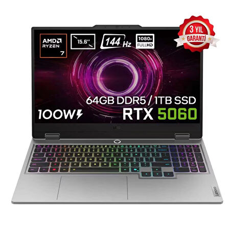 Lenovo LOQ 15AHP10 AMD Ryzen 7-250 64GB DDR5 1TB SSD RTX5060 8GB 100W 15.6 inç Full HD 144Hz IPS FreeDos Gaming Laptop (83JG006ETRv8)