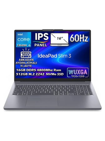 Lenovo Ideapad Slim 3 16IRH10 Intel Core I5-13420H 16GB 512GB SSD 16" Wuxga (1920X1200) IPS Panel Freedos Taşınabilir Dizüstü Bilgisayar 83K20073TR