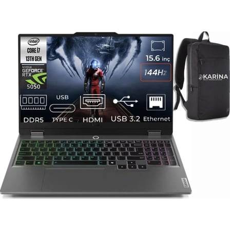 Lenovo Loq 15IRX10 Intel Core I7-13700HX 83JE00KMTR-K000 24GB 512GB RTX5050 8gb Freedos 15.6" 144Hz Full Hd Gaming Laptop & Karina Çanta