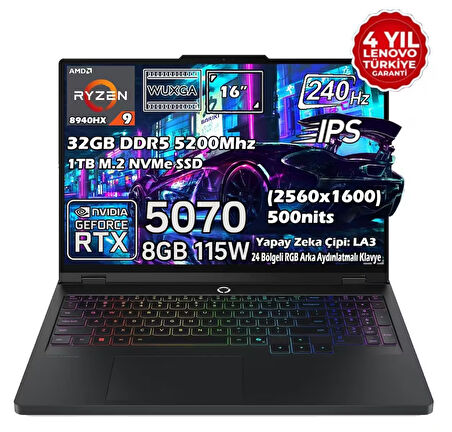 Lenovo Legion Pro 5 16ADR10 Amd Ryzen 9 8940HX 32GB 1tb SSD Rtx 5070 8gb 16" Wqxga (2560X1600) IPS Panel 240Hz 115W Freedos Taşınabilir Dizüstü Bilgisayar 83LT0046TR