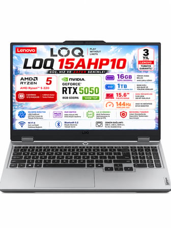 LOQ 15AHP10 AMD Ryzen 5 220 16GB 1TB SSD RTX 5050 8GB (100W) 15.6" FHD IPS 144Hz Freedos 83JG009TTR