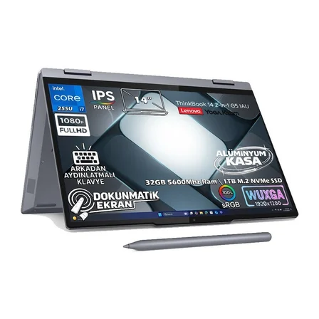 Lenovo Thinkbook 14 G5 Iau Ultra 7 255U 21SQ003BTX-K36 64GB 2tb Intel Graphics W11PRO 14" Wuxga Ikisi Bir Arada Notebook