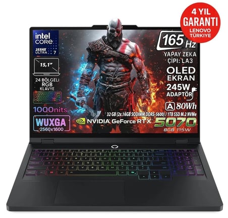 Lenovo Legion 5 15IAX10 Intel Core Ultra 7 255HX 32GB 1TB SSD RTX 5070 8GB 15.1" WQXGA (2560X1600) OLED 165Hz 115W Freedos Taşınabilir Bilgisayar 83F0008BTR