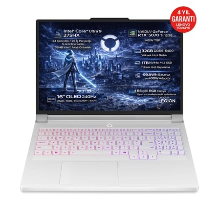 Lenovo Legion Pro 7 16IAX10H Intel Core Ultra 9 275HX 32GB 1TB SSD RTX 5070 Ti 12GB 16" WQXGA (2560X1600) OLED 240Hz 140W Freedos Taşınabilir Bilgisayar 83F500KFTR
