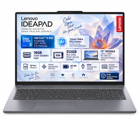 Lenovo Ideapad Slim 3 16IWC11 Intel Core 5 320 16GB 512GB SSD 16" WUXGA (1920X1200) IPS Panel Freedos Taşınabilir Bilgisayar 83RS003RTR