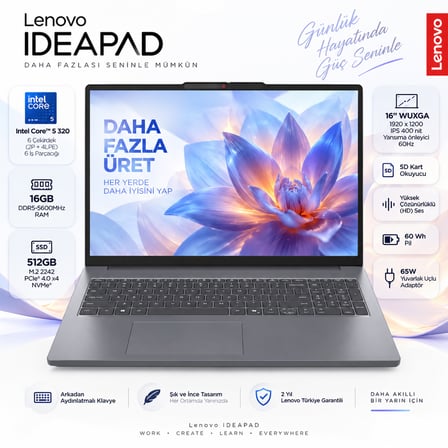 Lenovo Ideapad Slim 3 16IWC11 Intel Core 5 320 16GB 512GB SSD 16" WUXGA (1920X1200) IPS Panel Freedos Taşınabilir Bilgisayar 83RS003RTR