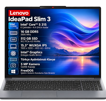 Lenovo Ideapad Slim 3 83RR00JCTR Intel Core 5-315 16GB 512GB SSD 15.3" IPS Freedos Taşınabilir Bilgisayar