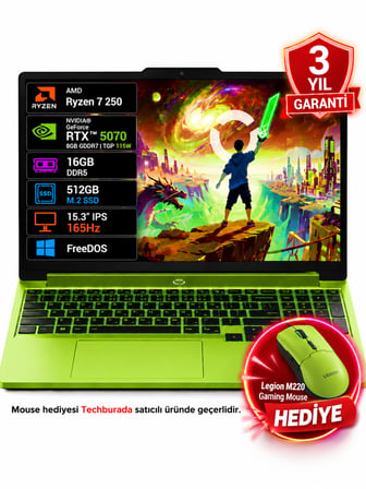 Lenovo LOQ 15AHP11 83TN00AATR AMD Ryzen 7 250 16GB 512GB SSD RTX5070 8GB TGP 115W 15.3" WUXGA IPS 165Hz FreeDOS Surge Green Taşınabilir Bilgisayar