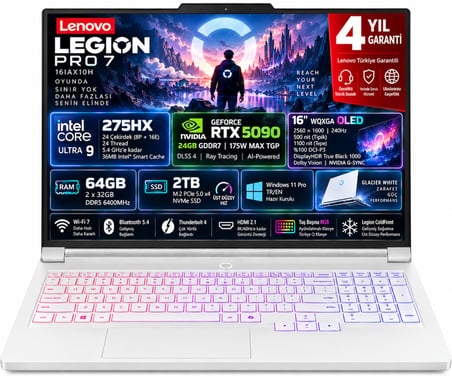Lenovo Legion Pro 7 16IAX10H Intel Core Ultra 9 275HX 64GB 2TB SSD RTX 5090 24GB (175W) 16" WQXGA (2560X1600) OLED 240Hz Windows 11 Pro Taşınabilir Bilgisayar 83F500S3TR