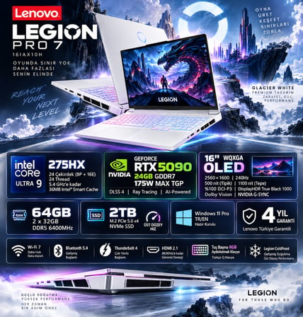 Lenovo Legion Pro 7 16IAX10H Intel Core Ultra 9 275HX 64GB 2TB SSD RTX 5090 24GB (175W) 16" WQXGA (2560X1600) OLED 240Hz Windows 11 Pro Taşınabilir Bilgisayar 83F500S3TR