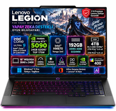 Lenovo Legion 9 18IAX10 Intel Core Ultra 9 275HX 192GB 4TB SSD RTX 5090 24GB (175W) 18" WQUXGA (3840X2400) IPS 240Hz / 440Hz Windows 11 Pro Taşınabilir Bilgisayar 83EY008NTR