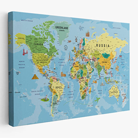 Harita Sepeti Dünya Haritası Kanvas Tablo Son Derece Detaylı Dekoratif Okyanuslu-1992