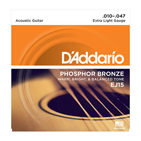D'Addario EJ15 Phosphor Bronze, Extra Light Takım Tel Akustik Gitar Teli 010-047