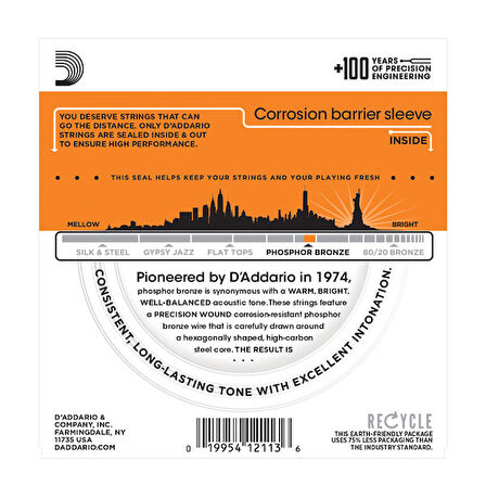 D'Addario EJ15 Phosphor Bronze, Extra Light Takım Tel Akustik Gitar Teli 010-047
