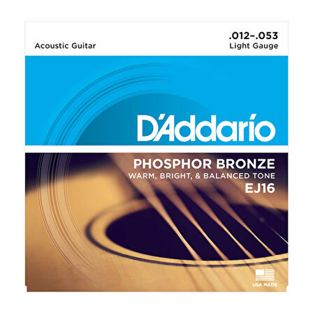 D'Addario EJ16 Phosphor Bronze, Light, 12-53 012-053 Takım Tel Akustik Gitar Teli