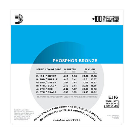 D'Addario EJ16 Phosphor Bronze, Light, 12-53 012-053 Takım Tel Akustik Gitar Teli