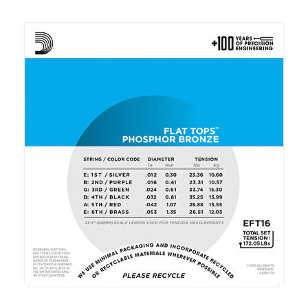 D'Addario EFT16 Flat Tops, Light, 12-53 Takım Tel Akustik Gitar Teli 012-053