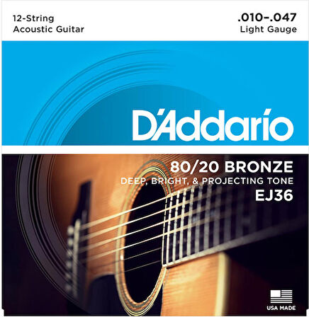 D'Addario EJ36 80/20 12-String Bronze Acoustic Guitar Strings, Light, 10-47 Takım Tel 12 Telli Akustik gitar teli 010-047