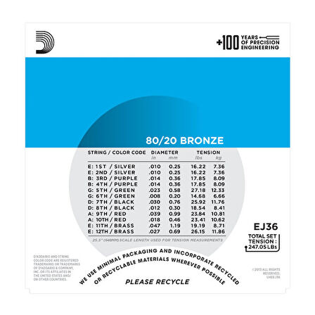 D'Addario EJ36 80/20 12-String Bronze Acoustic Guitar Strings, Light, 10-47 Takım Tel 12 Telli Akustik gitar teli 010-047
