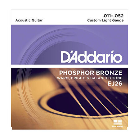 D'Addario EJ26 Phosphor Bronze, Custom Light, 11-52 Takım Tel Akustik gitar teli 011-052