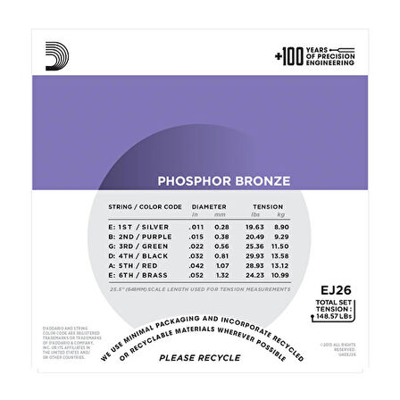 D'Addario EJ26 Phosphor Bronze, Custom Light, 11-52 Takım Tel Akustik gitar teli 011-052