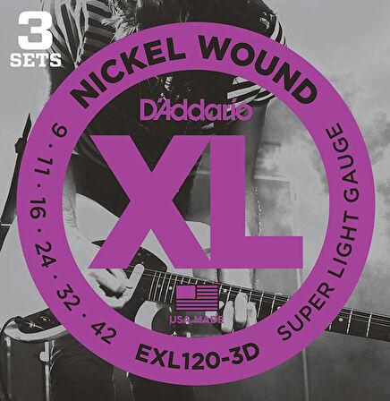 D'Addario EXL120-3D Super Light Takım Tel Elektro Gitar Teli 009-042 (3 Set)