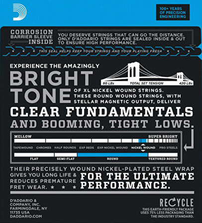 D'Addario EXL165 Nickel Wound Bass, Custom Light, 45-105, Long Scale 045-105 Takım Tel Bas Gitar Teli