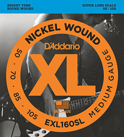 D'Addario EXL160SL Nickel Wound Bass, Medium, 50-105, Super Long Scale Takım Tel Bas Gitar Teli 050-105