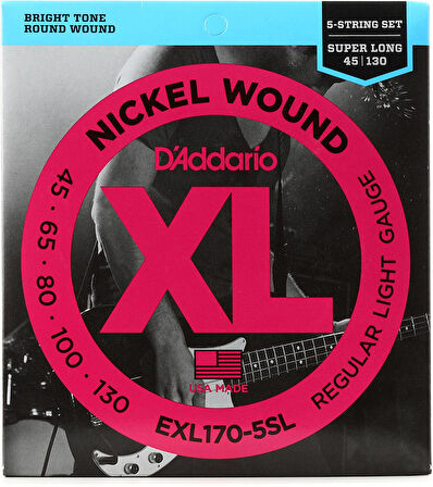 D'Addario EXL170-5SL Nickel Wound 5-String Bass, Light, Super Long Scale Takım Tel 5 Telli Bas gitar teli 045-130