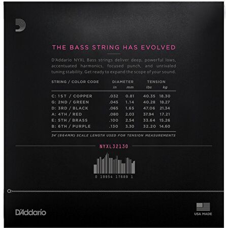D'Addario NYXL32130, Set Long Scale, Regular Light 6-String, 32-130 Takım Tel 6 Telli Bas Gitar Teli 032-130
