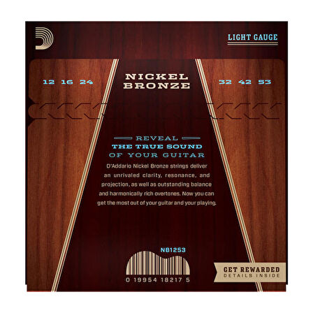 D'Addario NB1253 Nickel Bronze Light 12-53 Takım Tel Akustik Gitar Teli 012-053
