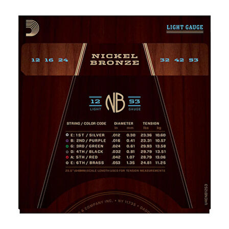 D'Addario NB1253 Nickel Bronze Light 12-53 Takım Tel Akustik Gitar Teli 012-053