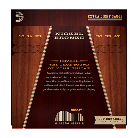 D'Addario NB1047 Nickel Bronze Acoustic Guitar Strings, Extra Light, 10-47 Takım Tel Akustik Gitar Teli 010-047