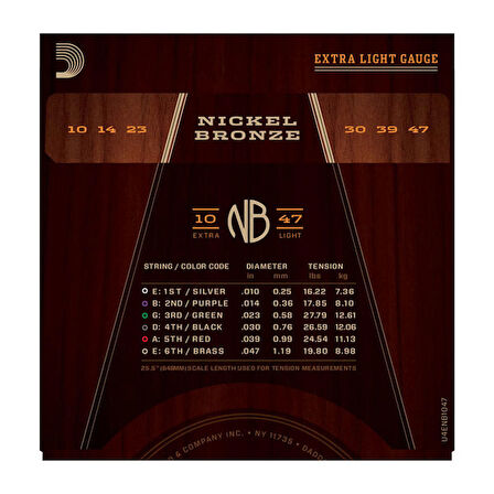 D'Addario NB1047 Nickel Bronze Acoustic Guitar Strings, Extra Light, 10-47 Takım Tel Akustik Gitar Teli 010-047