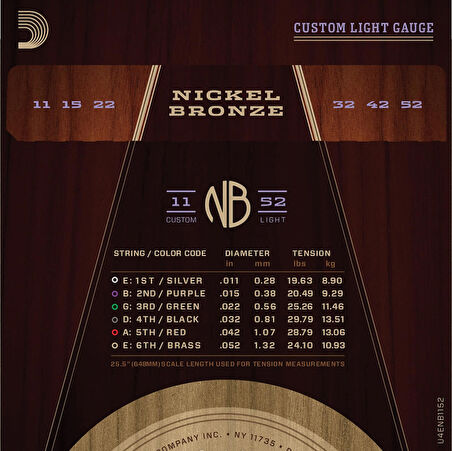 D'Addario NB1152 Nickel Bronze Acoustic Guitar Strings, Custom Light, 11-52 Takım Tel Akustik Gitar Teli 011-052