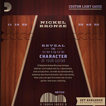 D'Addario NB1152 Nickel Bronze Acoustic Guitar Strings, Custom Light, 11-52 Takım Tel Akustik Gitar Teli 011-052
