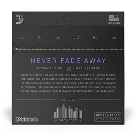 D'Addario XTAPB1152 XT Phosphor Bronze Acoustic Guitar Strings, Custom Light Takım Tel Akustik Gitar Teli 11-52