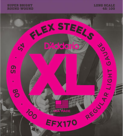 D'Addario EFX170 FlexSteels Bass, Light, 45-100, Long Scale Takım Tel Bas Gitar Teli 045-100