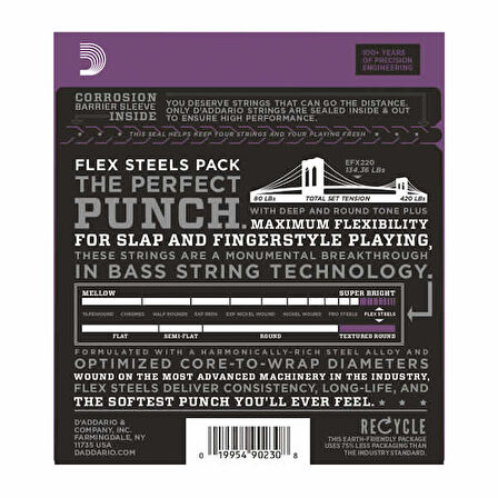 D'Addario EFX220 FlexSteels Bass, Super Light, 40-95, Long Scale Takım Tel Bas Gitar Teli 040-095
