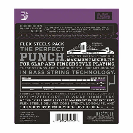 D'Addario EFX170-6 FlexSteels 6-String Bass, Light, 32-130, Long Scale Takım Tel 6 Telli Bas Gitar Teli 032-130