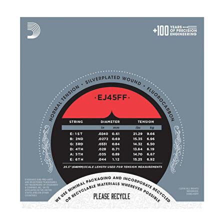 D'Addario EJ45FF Pro-Arté Carbon, Dynacore Basses, Normal Tension Takım Tel Klasik Gitar Teli