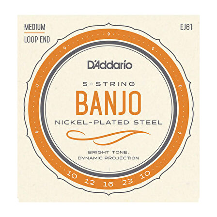 D'Addario EJ61 5-String Banjo, Nickel, Medium, 10-23 Takım Tel Banjo Teli 010-023