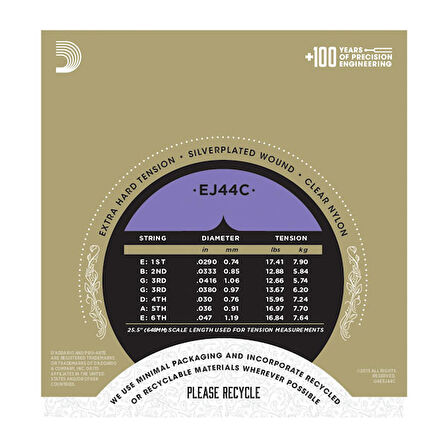 D'Addario EJ44C Pro-Arté Composite, Extra-Hard Tension Takım Tel Klasik Gitar Teli