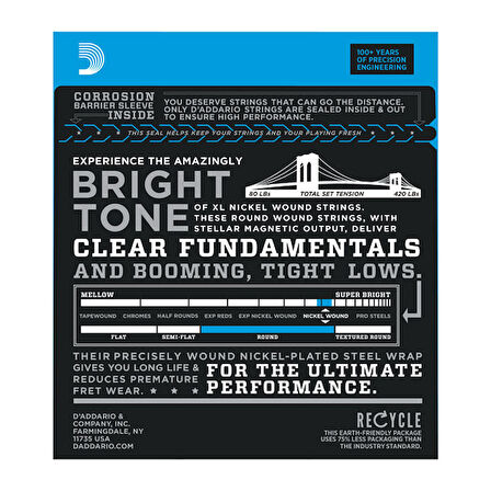 D'Addario ESXL170 Nickel Wound Bass, Light, 45-100, Double Ball End, Long Scale Takım Tel Bas Gitar Teli 045-100