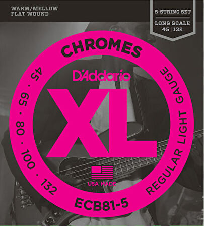 D'Addario ECB81-5 Chromes Bass 5-String, Light, 45-132, Long Scale Takım Tel 5 Telli Bas gitar teli 045-132