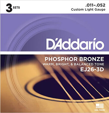 D'Addario EJ26-3D 3-Pack Custom Light Takım Tel Akustik Gitar Teli 011 (3 Set)
